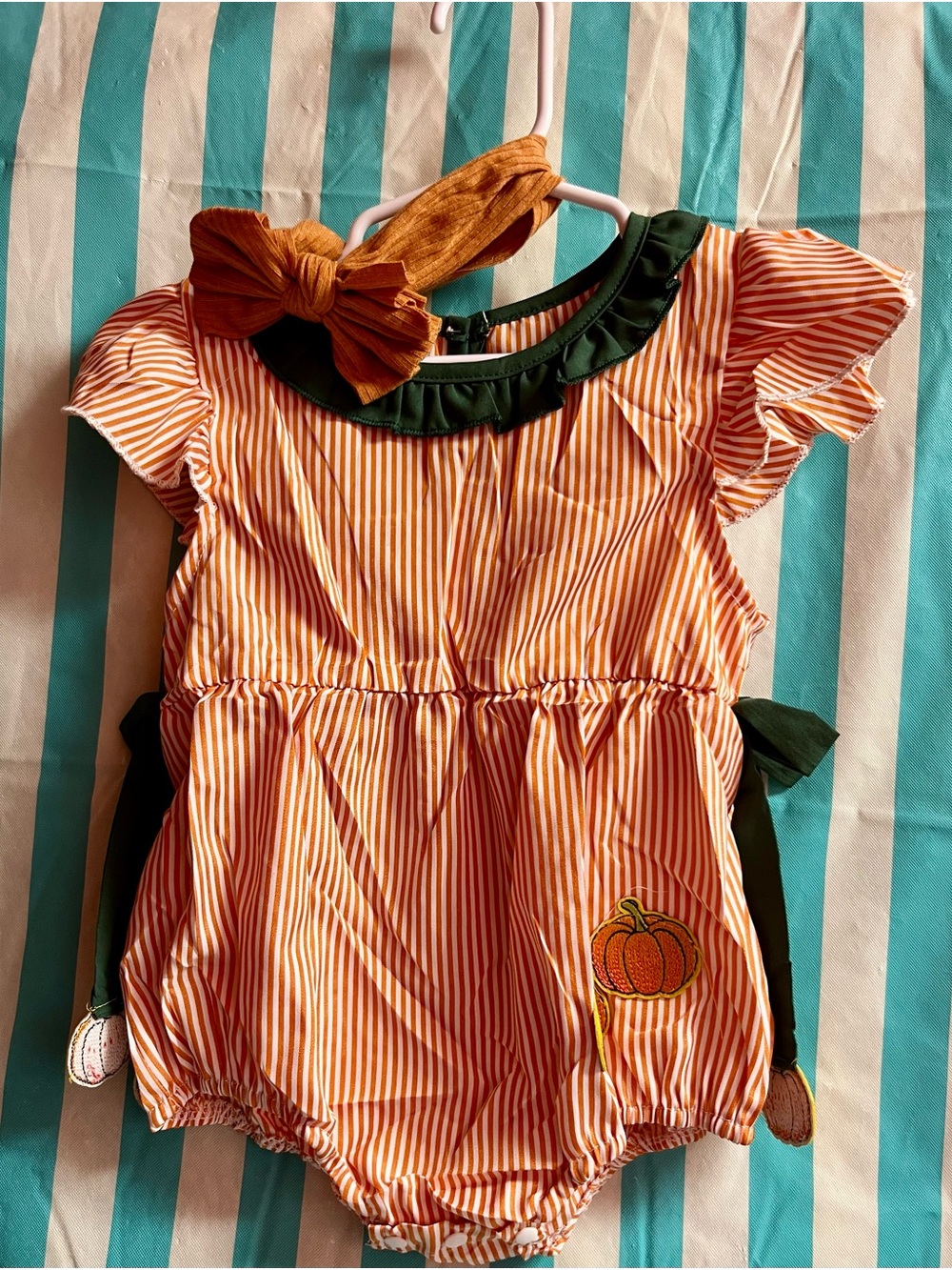 Striped Orange Pumpkin Baby Romper with Headband